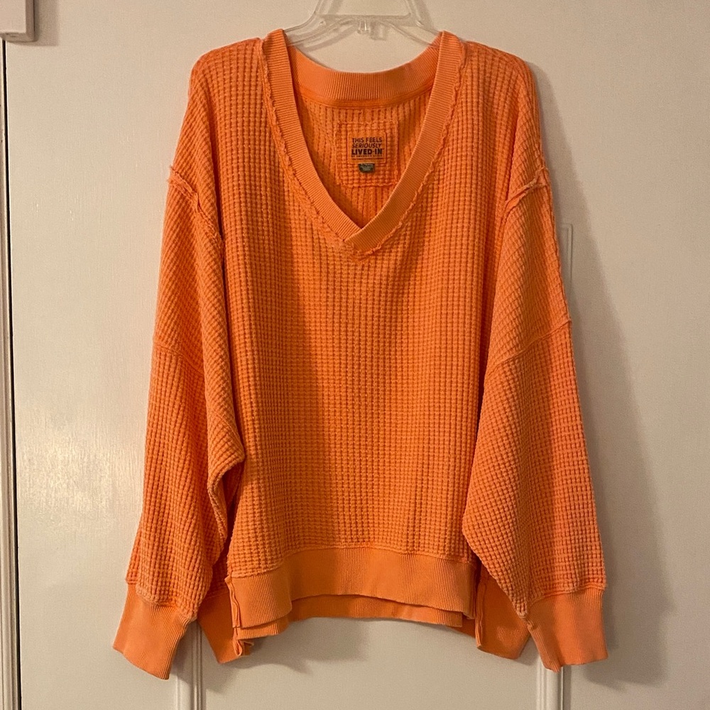 American Eagle light orange/coral V-Neck Waffle Weave Sweatshirt